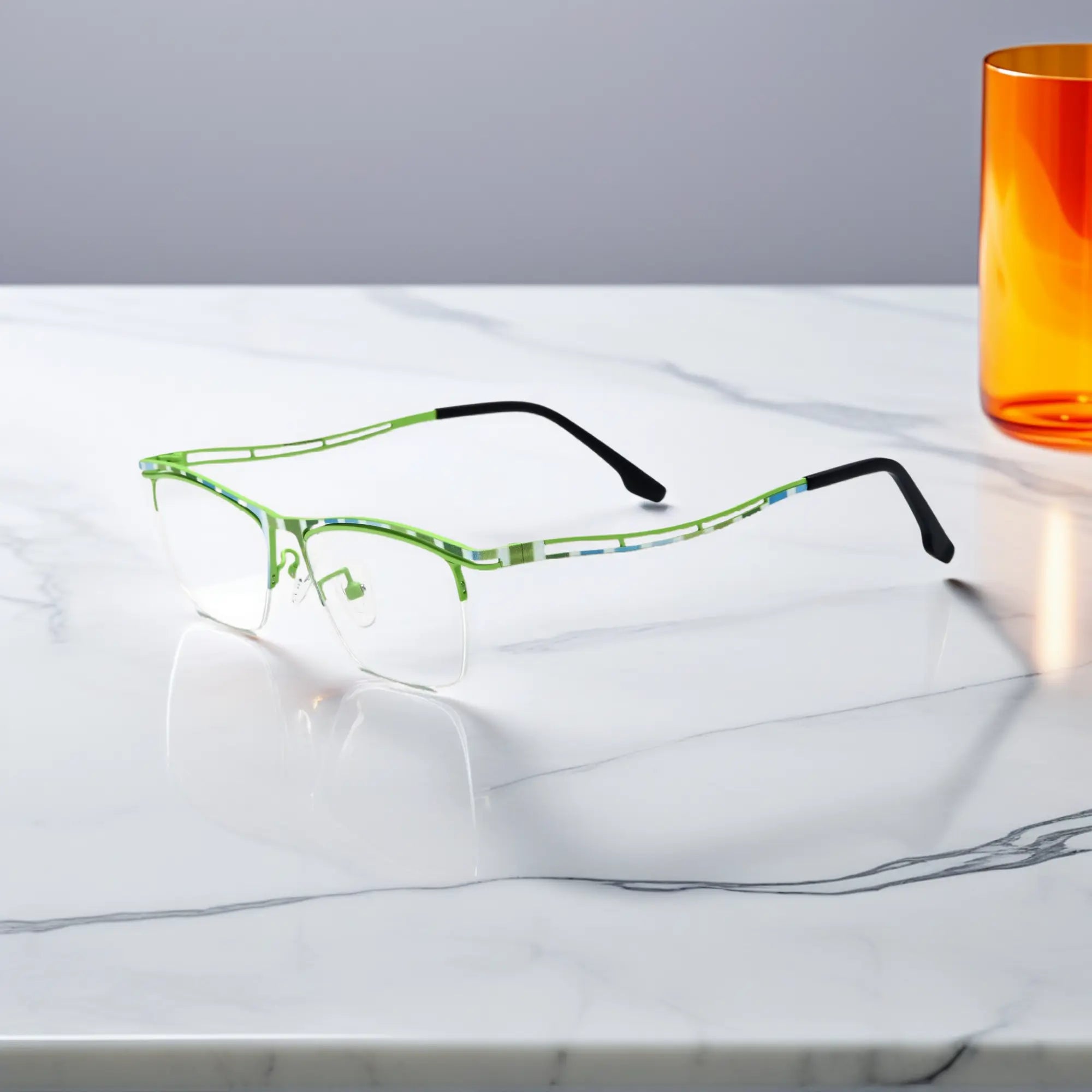 VoyueLens™ Lime Stripe titanium semi-rim eyeglasses side view
